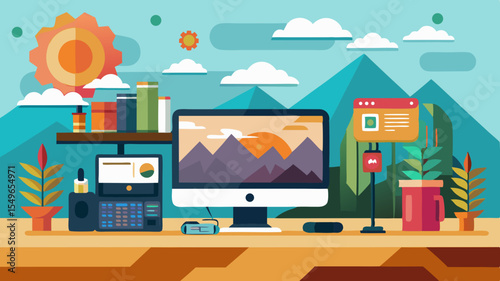 Creative workspace with computer and desk set against a vibrant mountain landscape