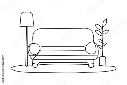 Sofa with lamp and potted plant icon in continuous one line drawing minimalist style outline illustration