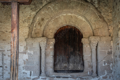 Romanesque entrance, Sant Quirze de Pedret church, (original pre-Romanesque), Cercs, Berguedá, Catalonia, Spain