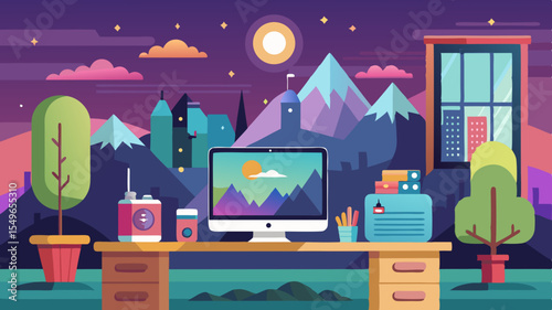 Flat design illustration of a desk with a computer and a scenic mountain landscape at dusk