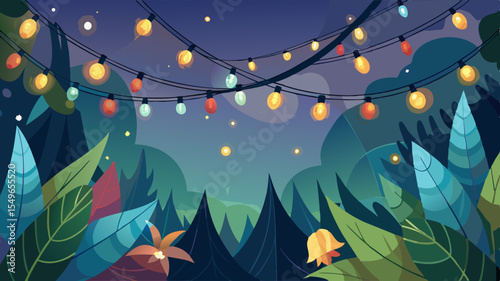 Whimsical night scene with colorful string lights illuminating lush foliage and dark trees