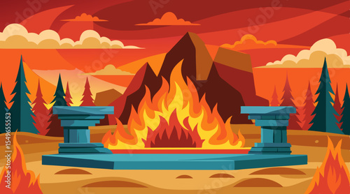 Ancient stone altar with large bonfire and fiery mountain landscape