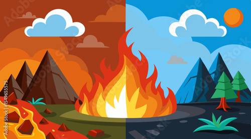 Contrasting landscapes fire and ice volcano and forest with sun and clouds