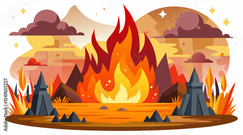 Vibrant stylized illustration of a raging campfire in a fantasy landscape