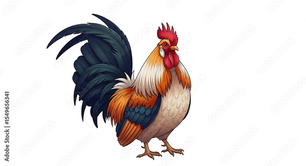 Fototapeta premium Cartoon rooster with vibrant plumage and detailed feather texture on white background