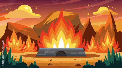 Vibrant cartoon illustration of a large bonfire in a mountainous desert landscape