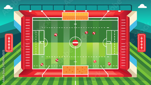 Top view of a soccer field with balls and stadium seats in a stadium