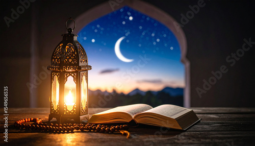 Islamic decorative lamps and the Quran on the table, Islamic background concept, Ramadan, Muharram, Eid al-Fitr