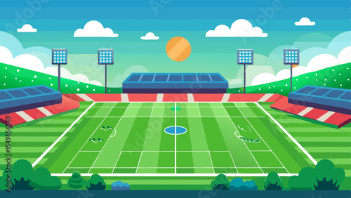 Vibrant soccer stadium with green field and bright stadium lights under a sunny sky