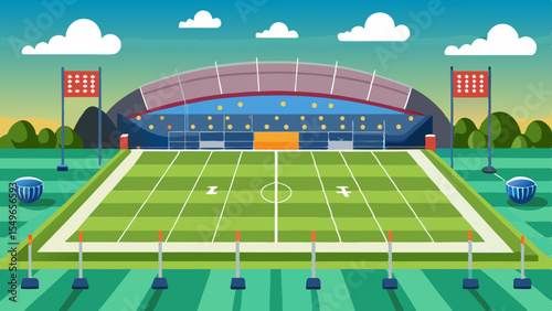 Vibrant cartoon illustration of an american football stadium with a green field and grandstands