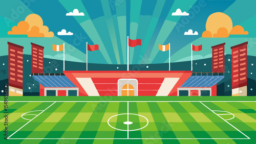 Vibrant soccer stadium with green field and city buildings under a dramatic sky