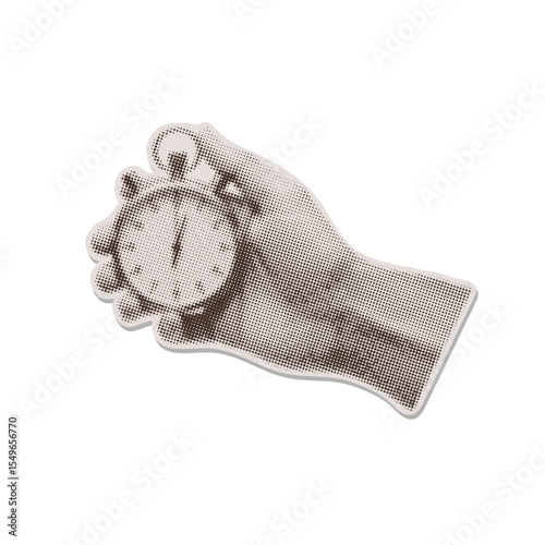 Deadline time paper sticker with hand holding stopwatch in halftone dotted collage style. Torn out clipping element for mixed media design vintage dotted pop art style. Grungy vector design.