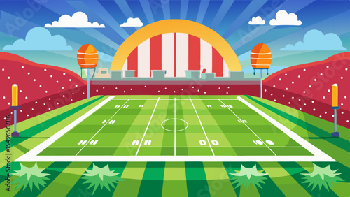 Vibrant cartoon illustration of an american football stadium with a green field and red seating