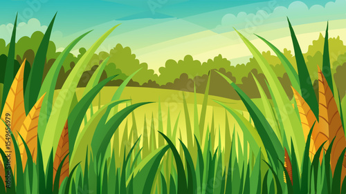 Vibrant cartoon landscape with tall green grass and distant rolling hills
