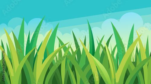 Bright green grass blades reach towards a soft blue sky with fluffy clouds