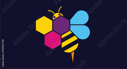 Abstract Geometric Bee Design with Honeycomb Pattern, Vibrant Yellow, Purple, Pink, and Blue Color Palette