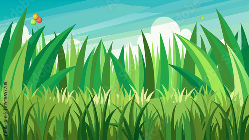 Vibrant green grass field under a bright blue sky with fluffy white clouds