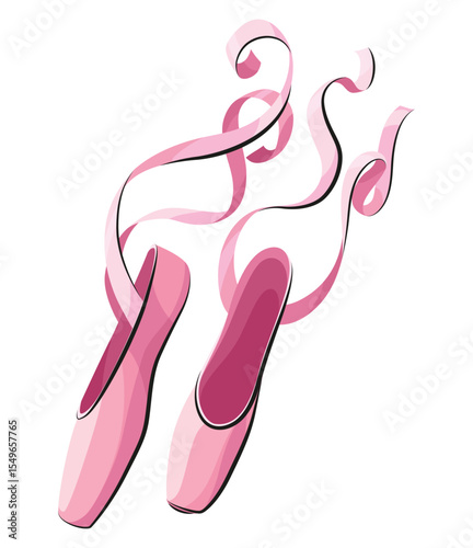 Ballet accessorie. Pink pair of pointe-shoes with satin or silk ribbon. Vector hand drawn sketch style object