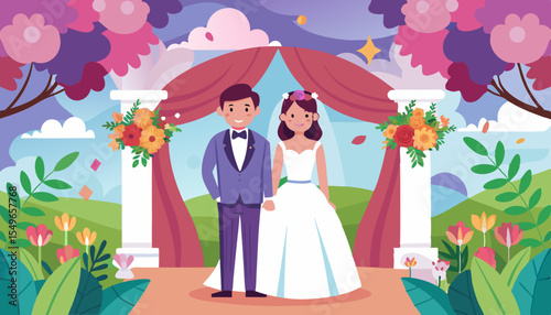 Happy cartoon bride and groom holding hands at outdoor wedding ceremony