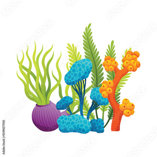 Set of watercolor seaweed and corals isolated on white background. Underwater algae. Aquarium plants collection. Vector marine life. Vector isolated corals and algae. Underwater flora