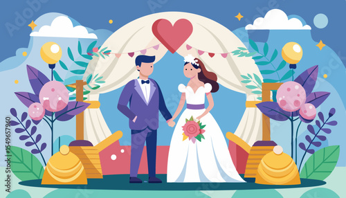 Happy couple holding hands at a wedding ceremony under a floral arch