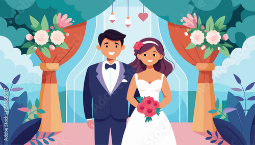 Happy cartoon bride and groom posing together at a wedding ceremony