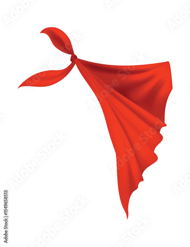 Red realistic bandana on neck. Youth fashion neck scarf or cowboy garment element template. Biker face scarf, bandanna neck shawl. Blank handkerchief unisex uniform. Western clothes