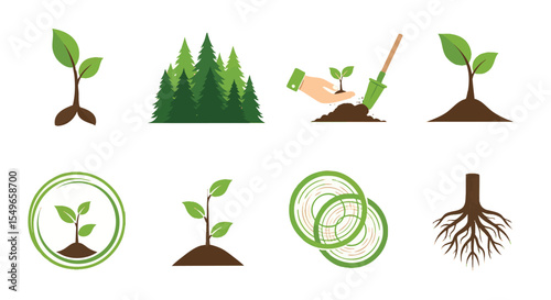 Diverse Vector Icons Illustrating Plant Growth, Reforestation, and Sustainable Nature Conservation Concepts