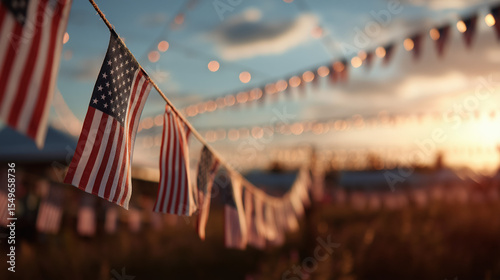 Field of flags, American flag banners hanging, party, Patriotic celebration of independence. July 4th, fourth of July, the Independence Day holiday in the United States
