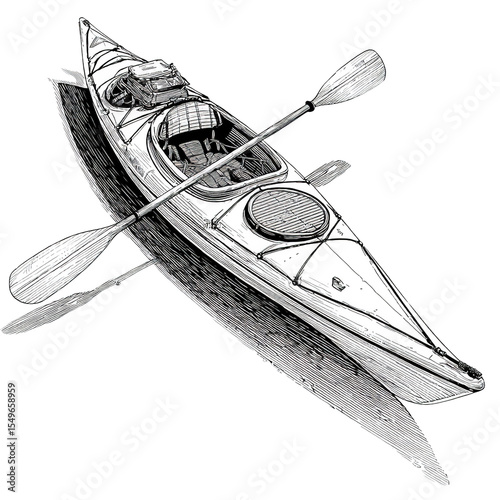 Monochrome kayak illustration showcasing outdoor sports and recreational water activities