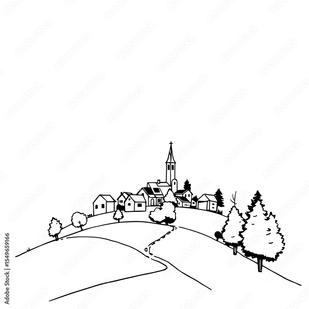 Obraz premium Village on a Hilltop: A charming black and white line art illustration depicts a quaint village nestled atop a hill, showcasing its church steeple and surrounding trees.