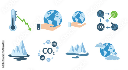 Comprehensive Environmental Icons Depicting Global Warming, CO2 Emissions, Ice Melt, and Sustainable Earth Solutions.