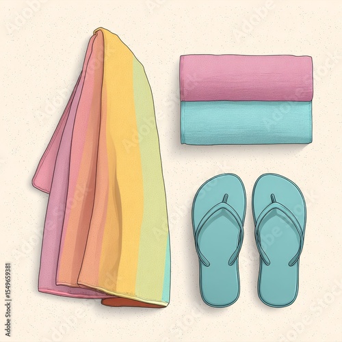 Colorful Beach Towel and Flip Flops on Light Sand Background