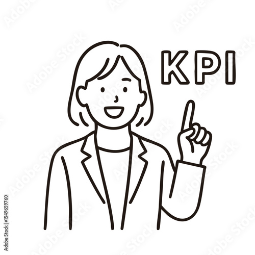 Businesswoman pointing upward KPI arrow, minimal line art illustration