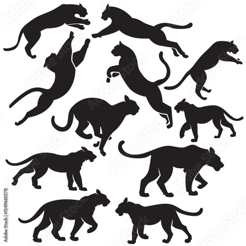 A set of black Tiger silhouette in various dynamic poses, perfect for use in wildlife themed design, educational materials, logo, stickers, background, decorations etc