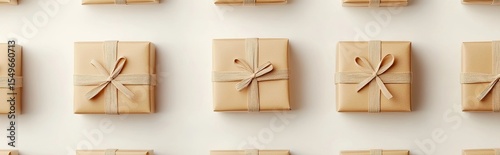 A grid of many light beige kraft paper gift boxes, tied with light beige ribbon
