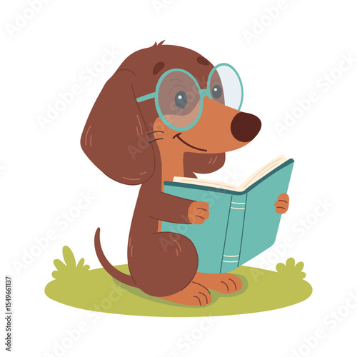 Cute little dachshund dog in glasses reading a book.  Funny smart wild animal character sitting with book cartoon vector illustration