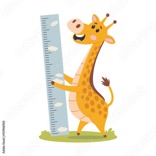 Cute giraffe standing on a ruler. Vector illustration in cartoon style.