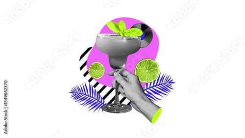 Modern Art Composition with Woman, Plants and Cocktail Glass