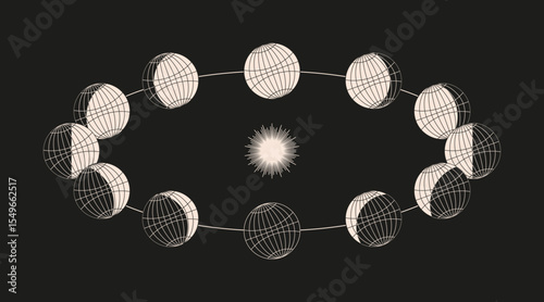 Vector Illustration of Earth Phases Around the Sun – Orbital Cycle Diagram, simple design