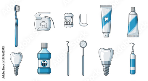 Illustration showing dental care items including toothbrush floss toothpaste and dental instruments tools