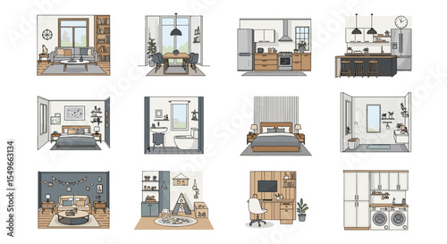 Illustration showcasing twelve different interior room designs including living rooms kitchens and bedrooms