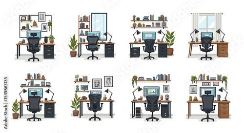 Illustration showcasing various home office setups with desks, chairs, and decor elements displayed