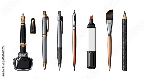 Illustration of various drawing and writing tools including pens pencils and ink bottle set on white