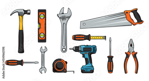 Illustration of assorted hand tools including hammer, level, wrenches, saw, drill and more tools