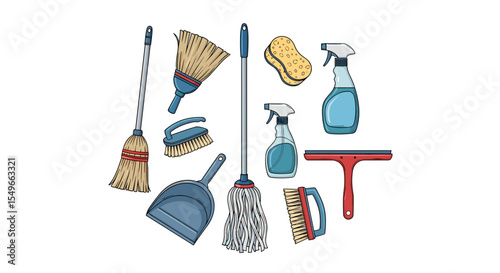Assortment of cleaning supplies including brooms, mops, sprays, and sponges arranged together nicely