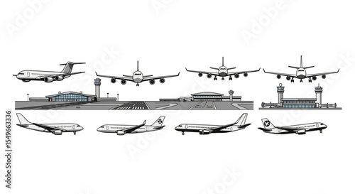 Illustration showing various airplanes at an airport with terminal buildings and control towers views