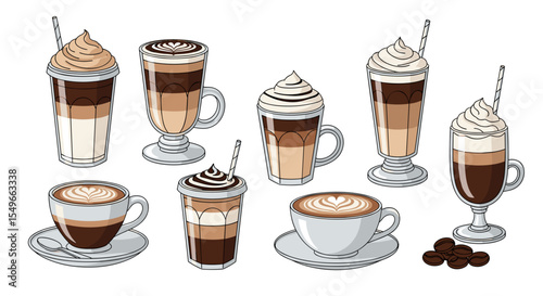 Illustration showing various coffee drinks with latte art and whipped cream on a white background