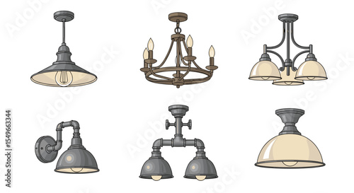 Illustration showing a collection of six different types of light fixtures and chandeliers designs