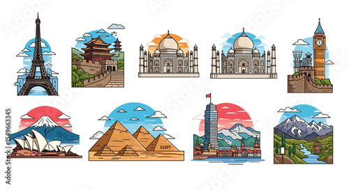 Illustrations of world landmarks including eiffel tower and taj mahal and great wall of china and more